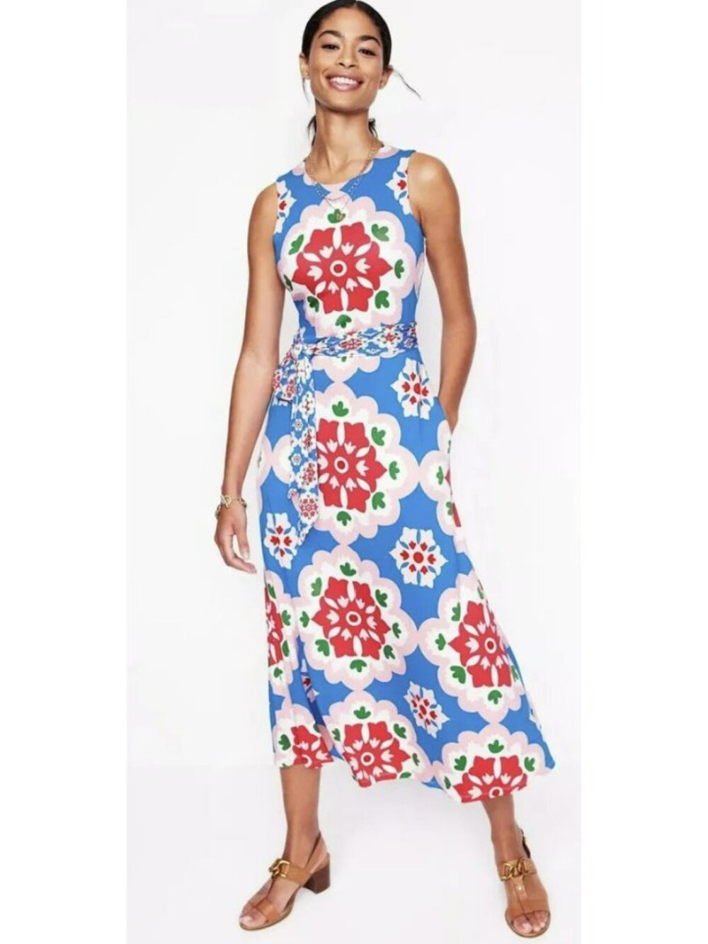 New Boden Blue Floral Grown On Tie Trapeze Dress Cerulean Blue Midi US 6